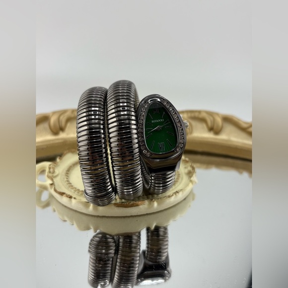 Gunmetal Coil Bracelet Watch with Green Dial โ Statement Stretch Watch - Picture 5 of 10